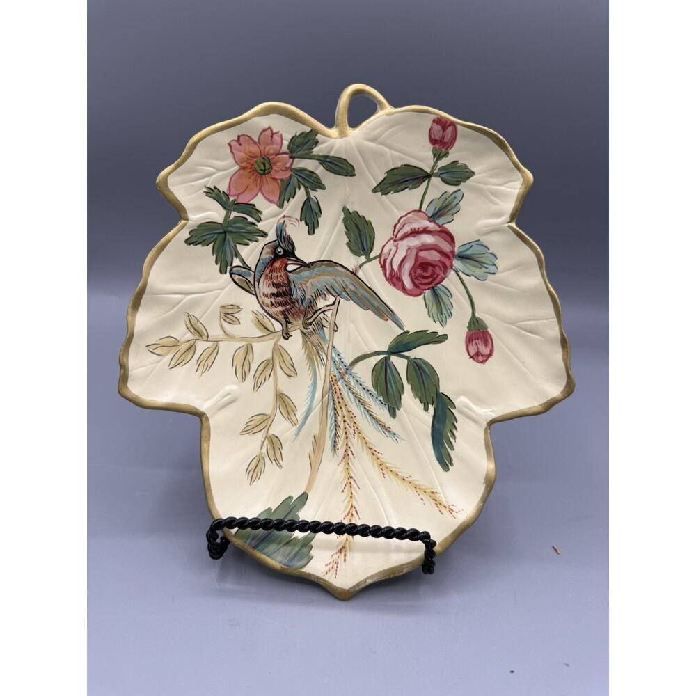Raymond Waites Bird Floral Wall Plate Plaque Gold Trim w/ Stand Decor